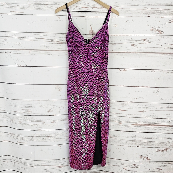 Sho by Tadashi Shoji | Richie Pink Iridescent Sequin Midi Dress NWT - Picture 3 of 8